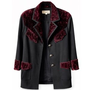 Black and Burgundy Vintage Maeja Velvet Trim Coat